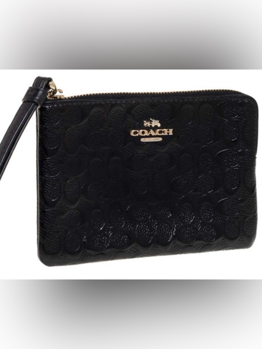 Coach Glossy Black Signature Leather Corner Zip Wristlet